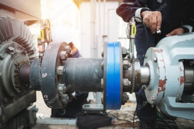 Técnico realizando alineamiento láser de equipo rotativo